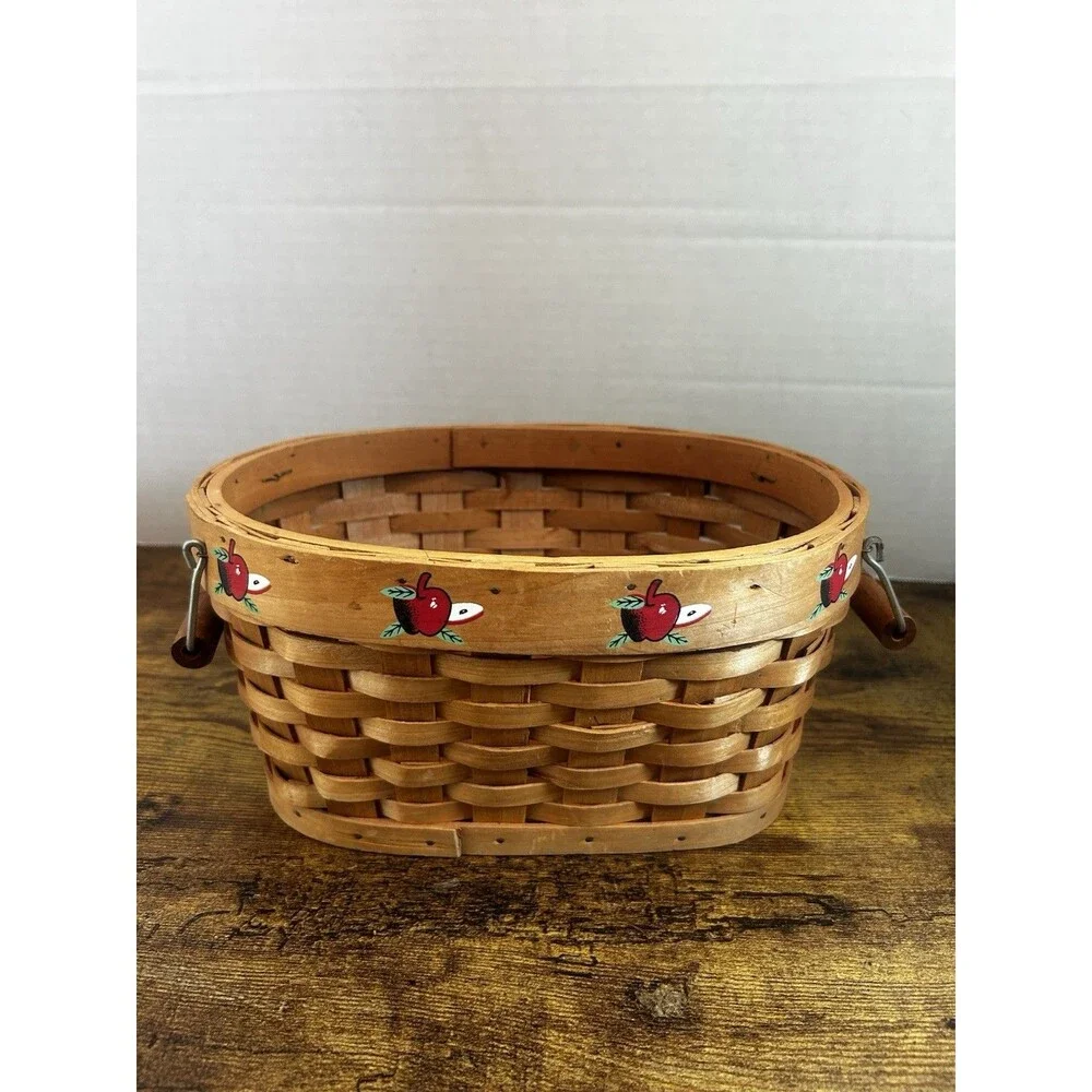 Apple Basket Oval Woven Wood w Wood Handles Vintage 10” Cottage Core Farmhouse
